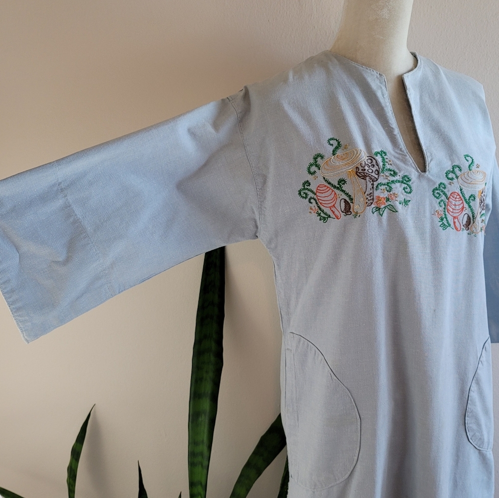 VTG 70s Embroidered Mushroom Denim Caftan Dress - Picture 3 of 16